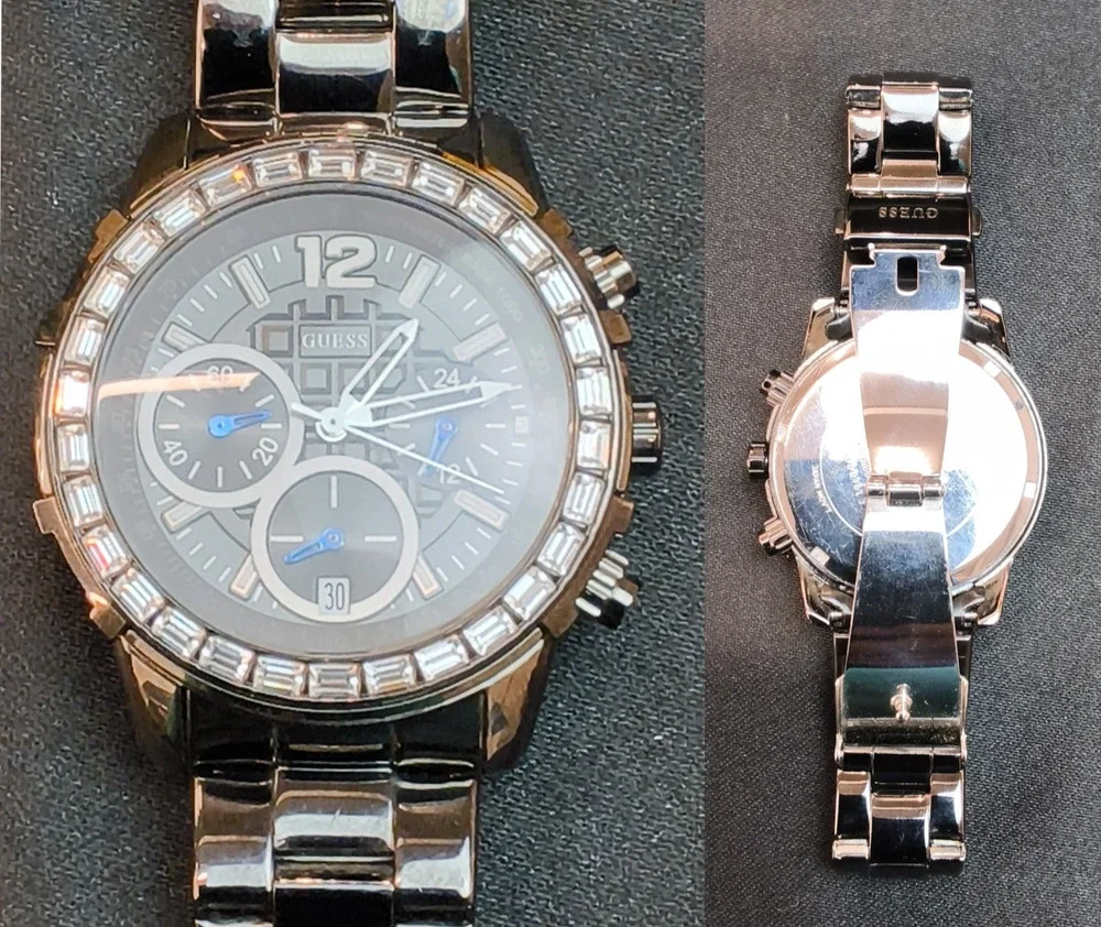 Guess Gun Metal Toned Chronograph Women's Watch U0016L3 WR 330' Jeweled #W5151